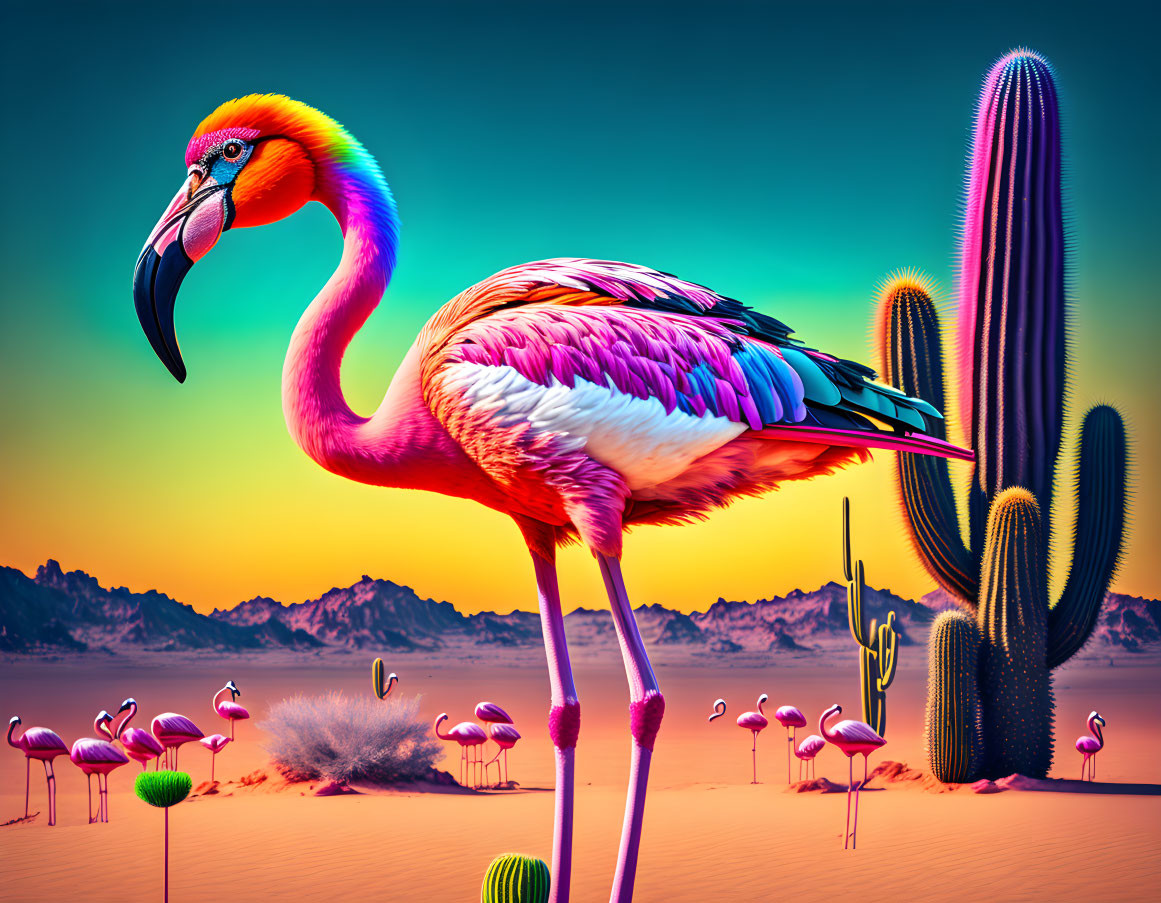 Colorful digital artwork featuring flamboyant flamingos and surreal cacti in a desert setting