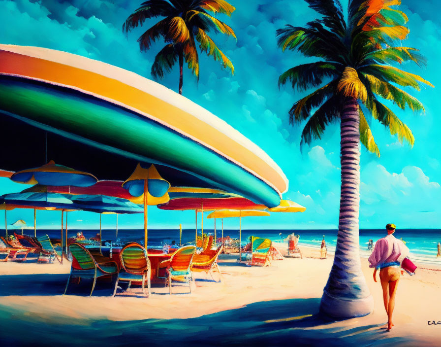 Colorful Beach Scene with Umbrellas, Palm Trees, and Blue Sky