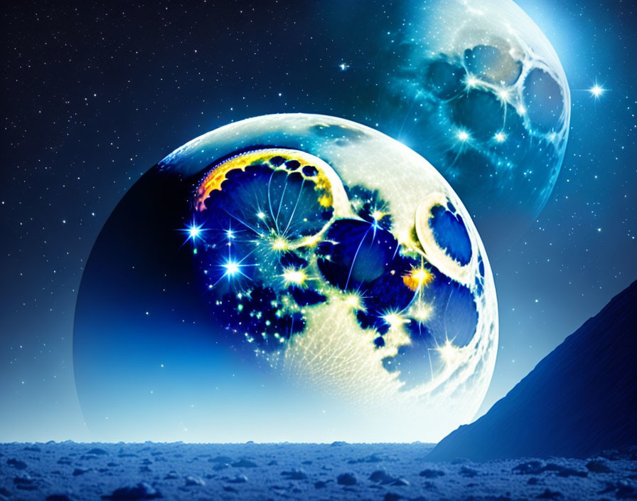 Surreal cosmic scene with fractal spheres in starry sky