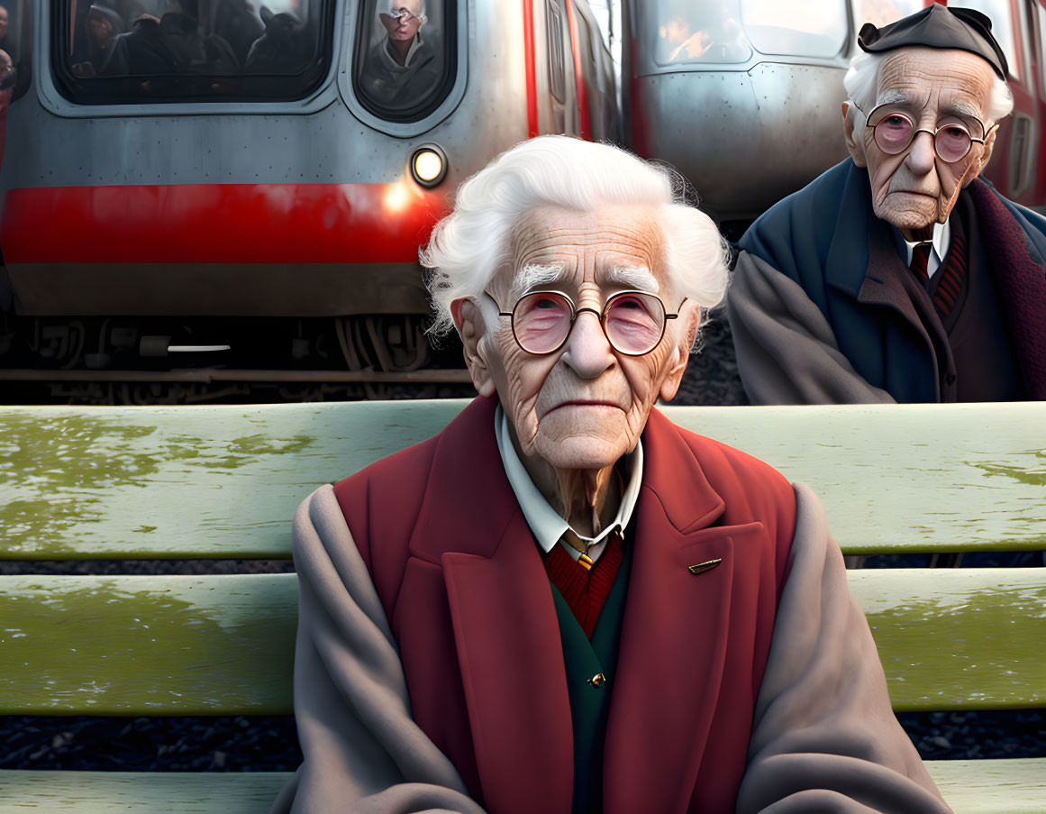 Elderly men on bench with passing train in background