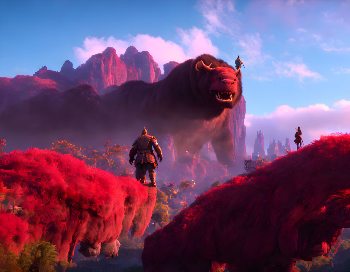 Fantastical landscape with people on fluffy dog-like creatures in crimson foliage.