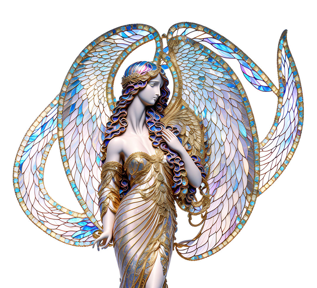 Ethereal woman with angelic wings and golden attire on white background