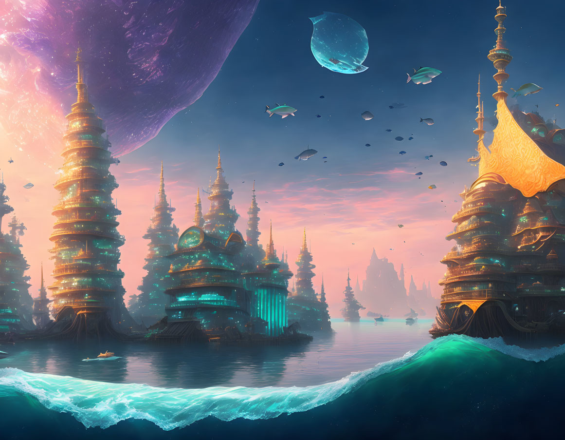 Fantastical cityscape with towering spires under a sky with floating rocks