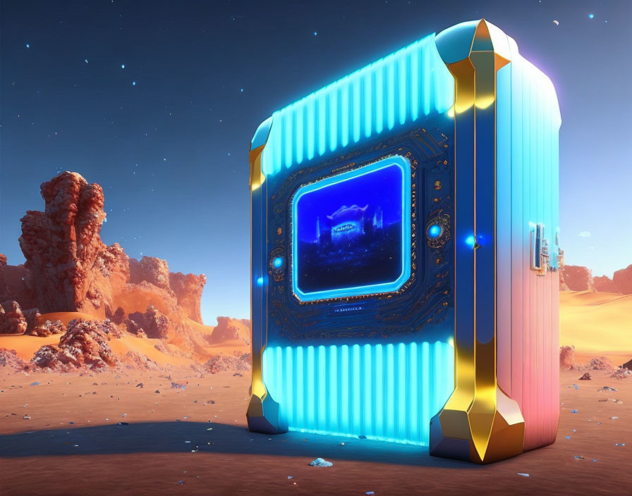 Blue and Gold Futuristic Portal on Alien Desert Landscape