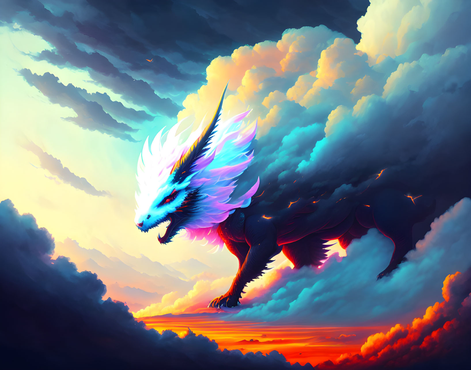 Colorful dragon with glowing mane in dynamic sunset clouds