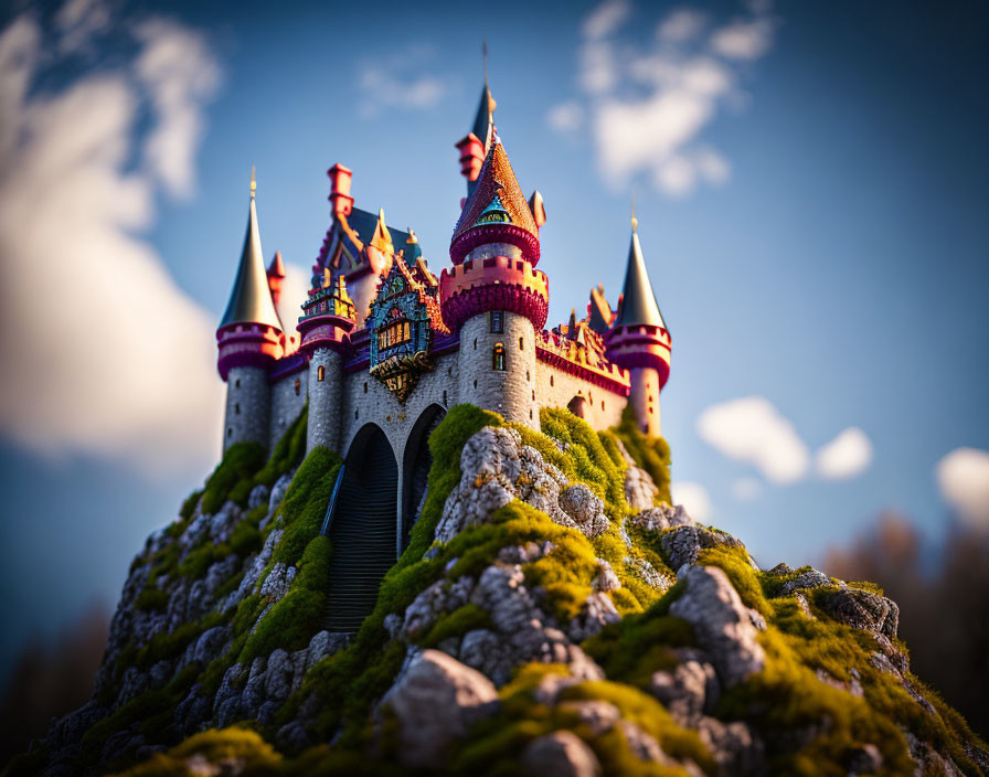 Miniature fairy-tale castle with red roofs on rocky hill in lush green setting