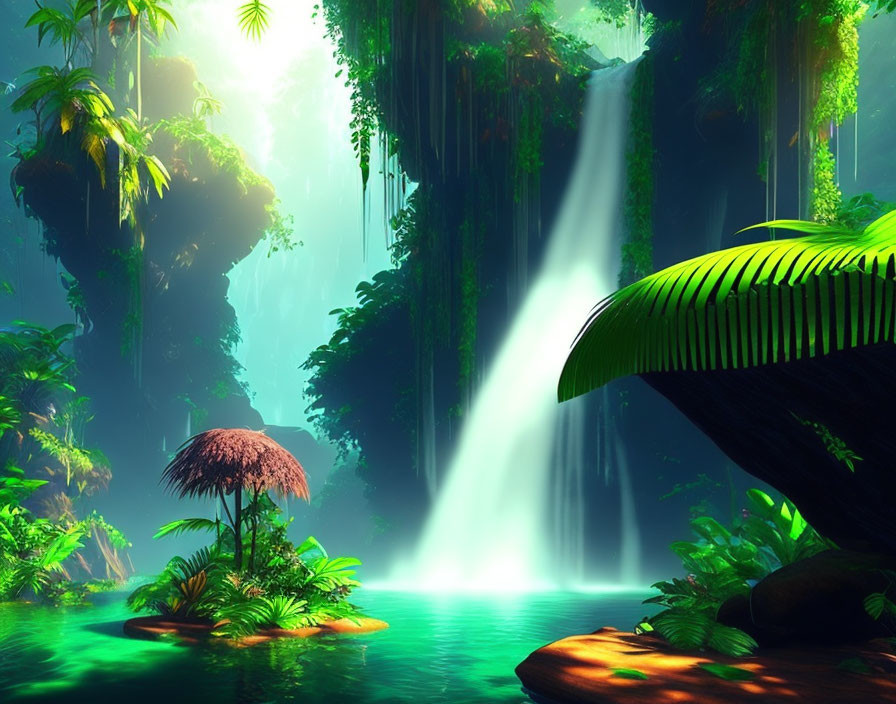 Tranquil waterfall cascading into serene pond in lush green forest