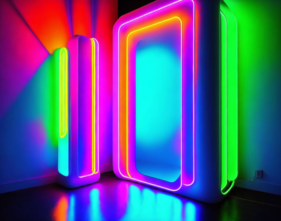 Vibrant Neon-lit Rectangular Art Installations in Dark Room