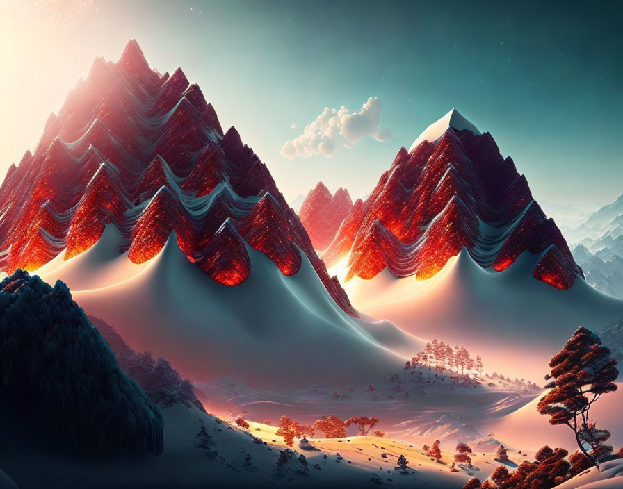 Stylized mountain peaks in surreal landscape under warm sky