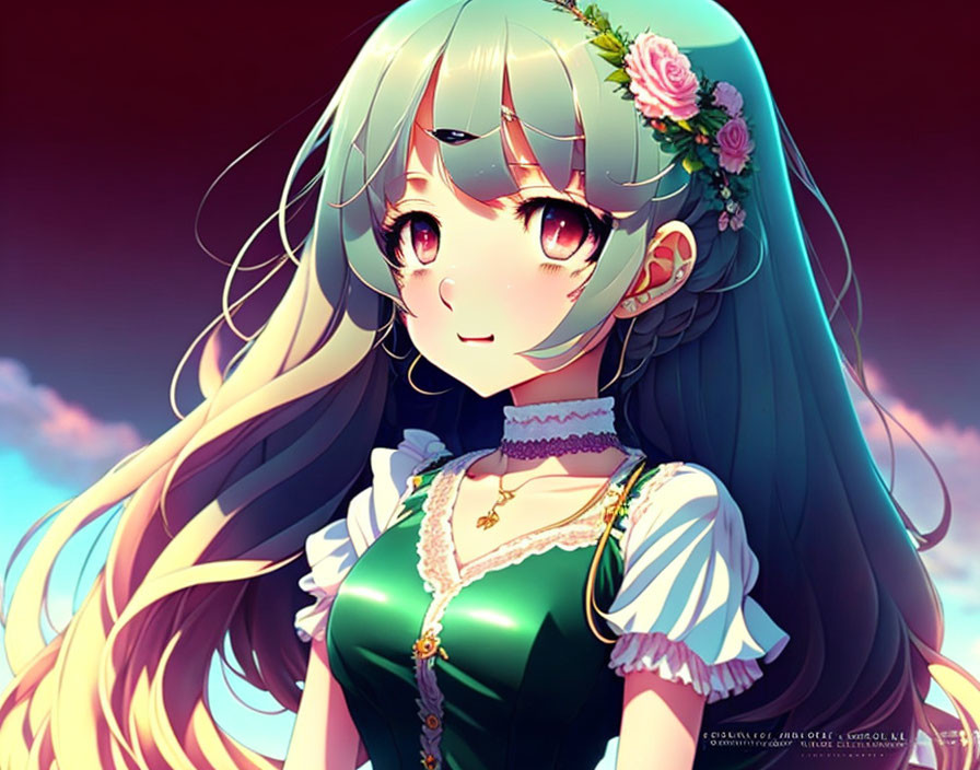 Long-haired anime girl with floral hair accessories in green dress under pink sky.