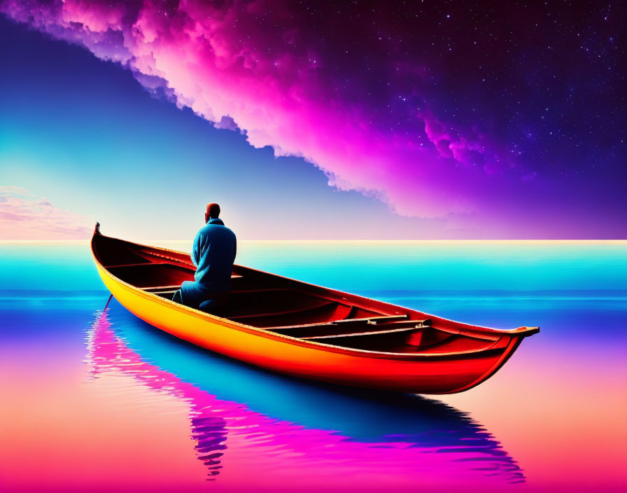 Tranquil person in yellow canoe on multicolored water under purple and pink sky