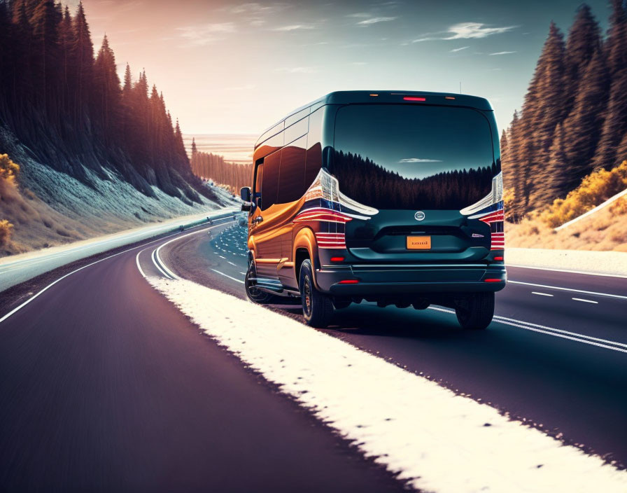 Modern van driving on curved highway through scenic woods with mountain landscapes in background