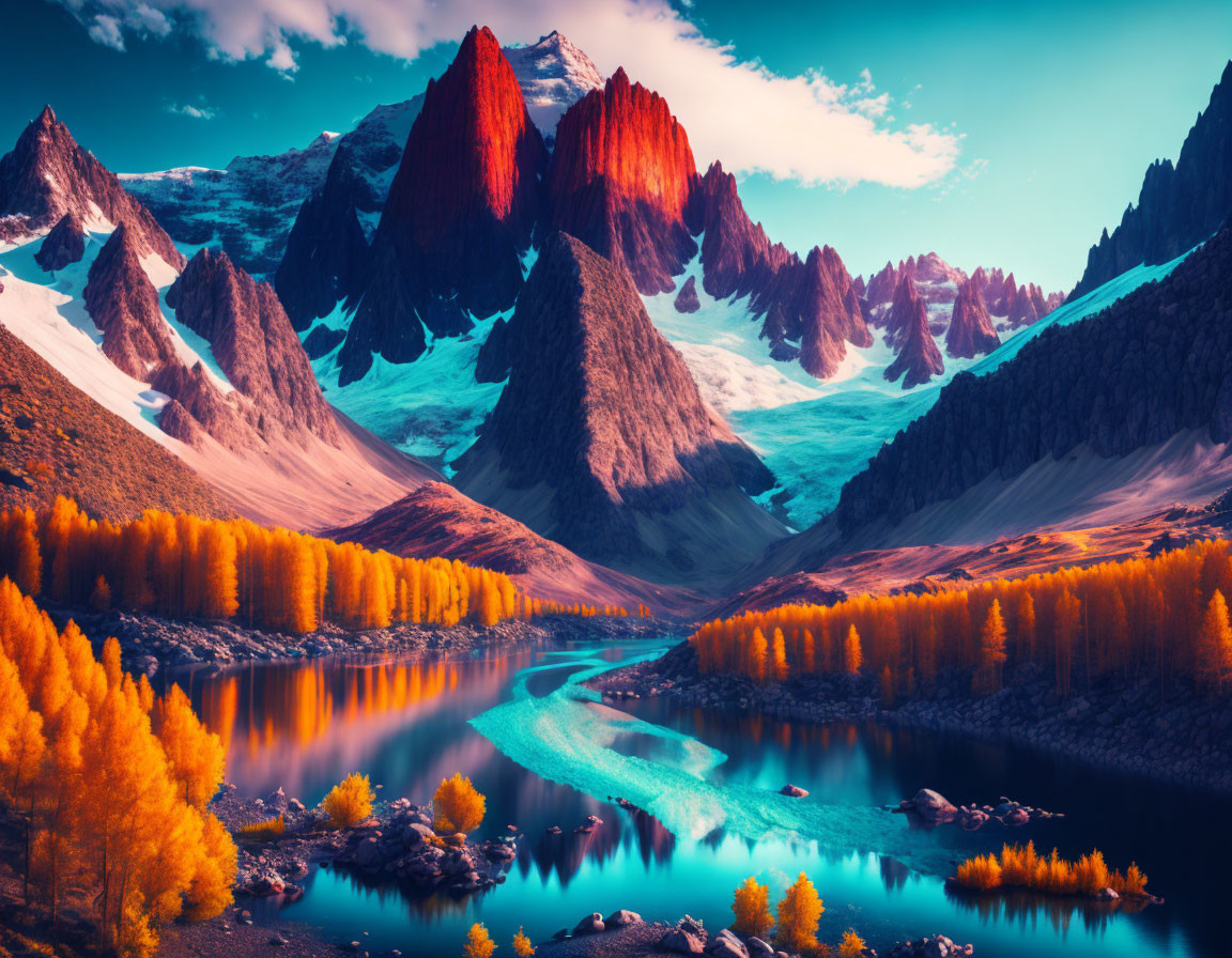 Vibrant blue river, golden foliage, red mountain peaks in surreal landscape