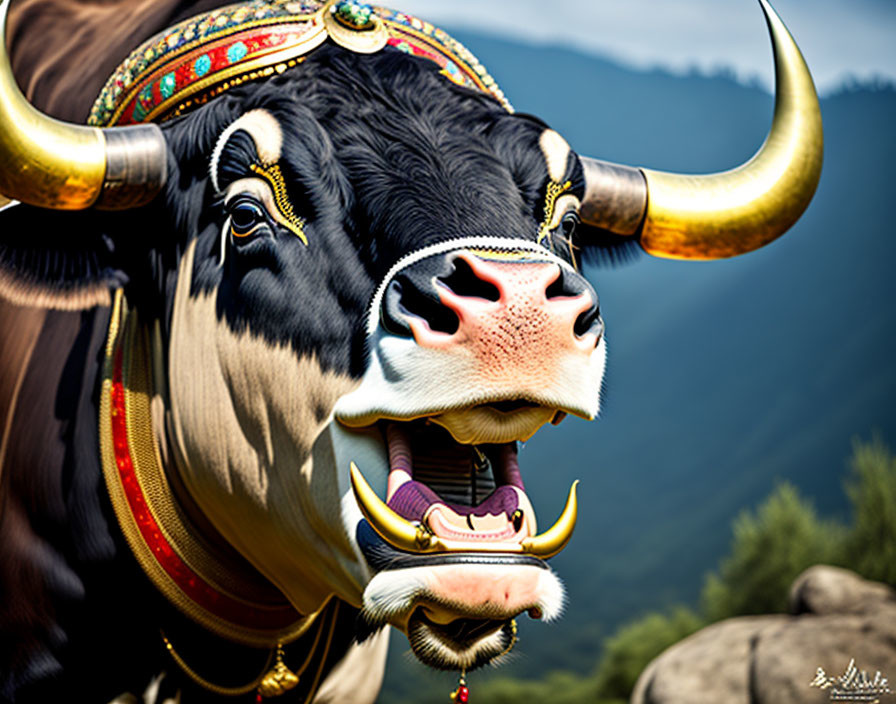 Colorful Cow with Golden Horns and Headgear in Nature Scene