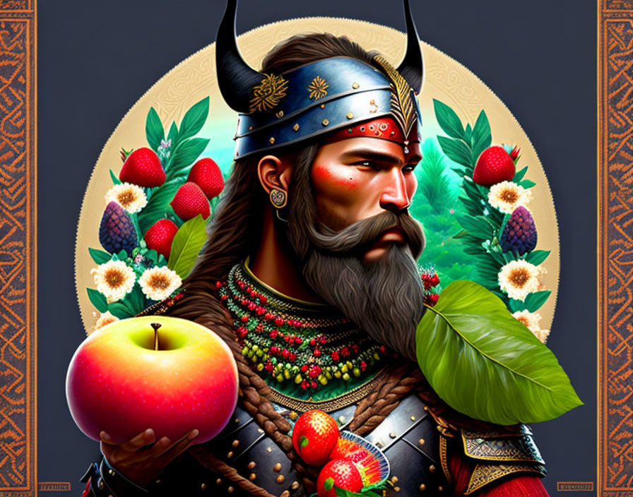 Bearded warrior with horned helmet holding apple in ornate circle