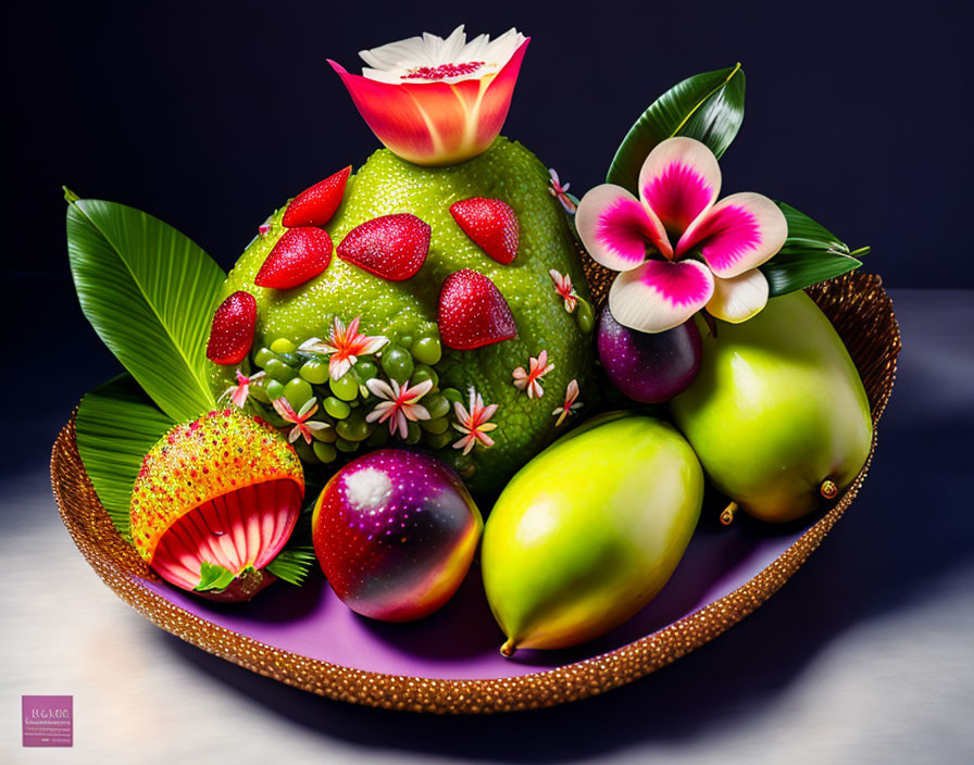 Colorful still-life arrangement with avocado, flowers, and fruits on purple surface