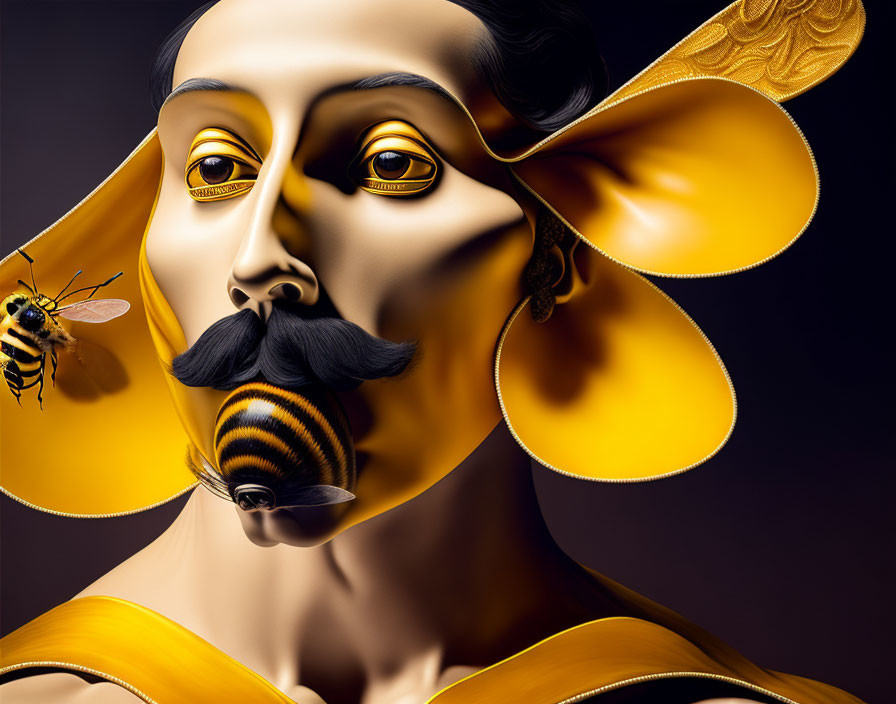 Surreal portrait of human face with bee features and golden petal structures