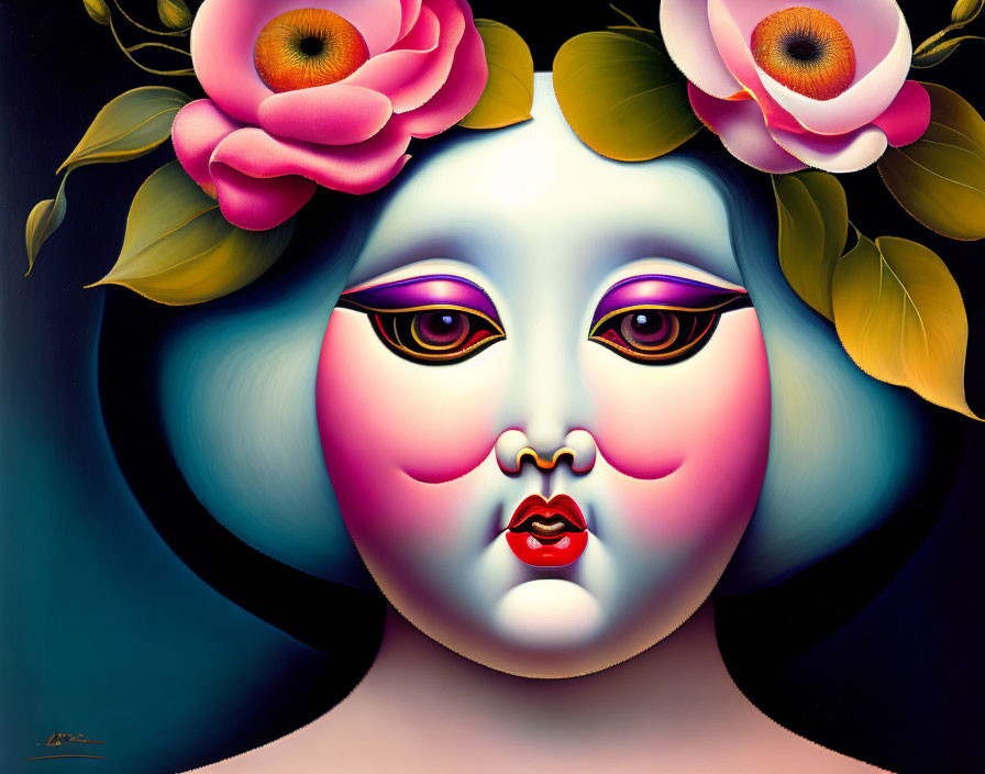 Colorful Stylized Portrait with Exaggerated Features and Floral Surroundings
