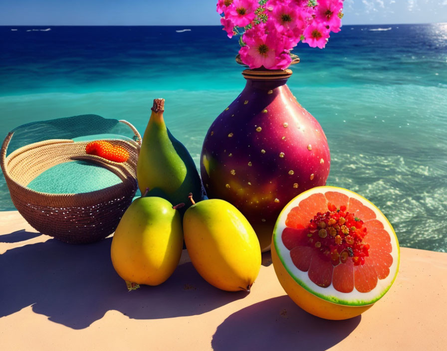 Still life setup with ripe mangoes, grapefruit, jug, hat on beach against vivid blue sea