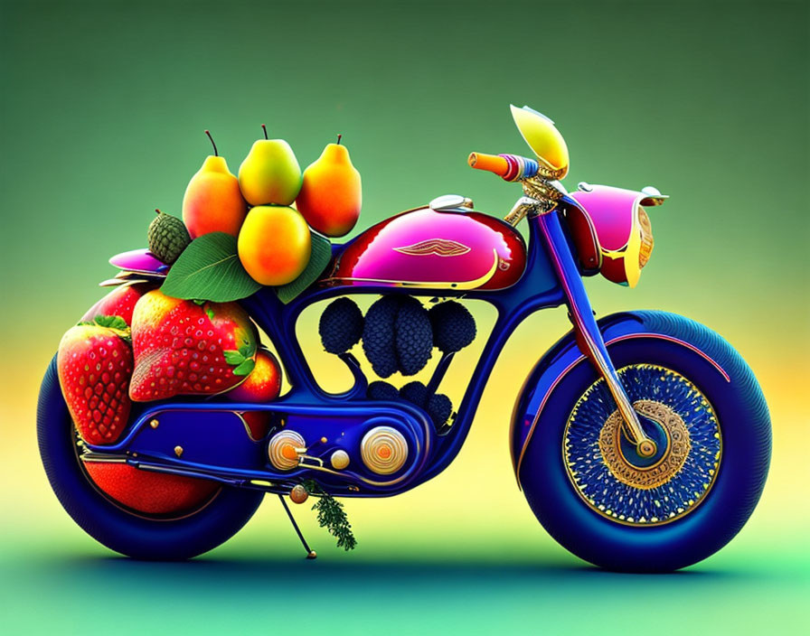 Colorful Stylized Motorcycle Illustration with Fruit Parts on Gradient Background