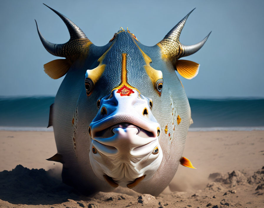 Surreal Fish-Body Cow-Face Image on Beach