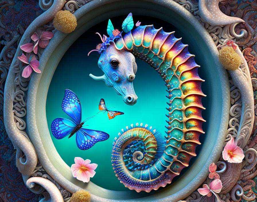 Colorful seahorse with butterflies in floral and fractal scene