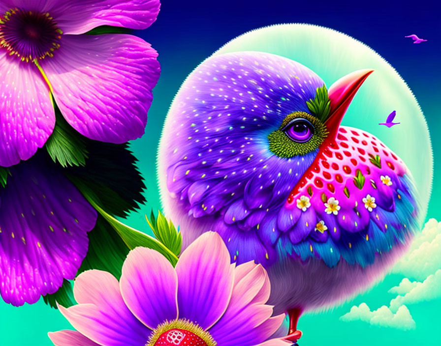 Whimsical bird illustration with purple feathers and strawberry pattern in vibrant floral scene
