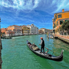 Character in boat navigates serene waterway with lush islands and comet in vivid sky