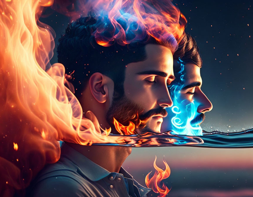 Digital artwork of two male profiles in blue and orange flames on starry night background