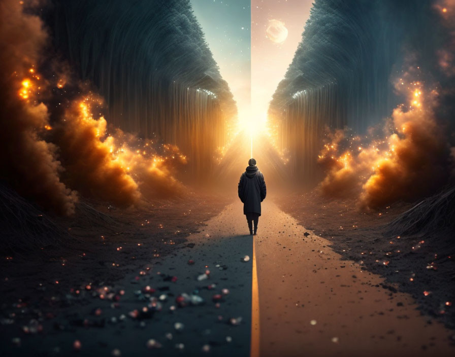 Person walking on path between fiery explosions and celestial light beams