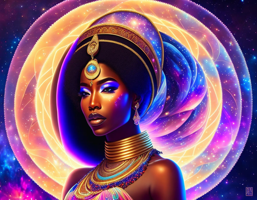 Cosmic-themed digital artwork of a woman with glowing elements and gold jewelry