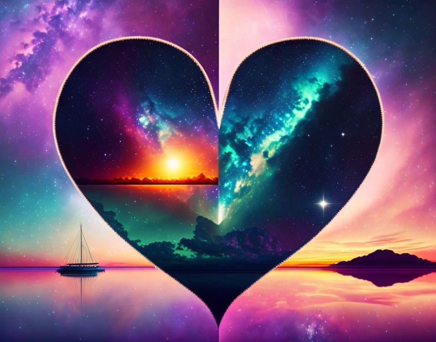 Heart-shaped cutout against cosmic background with sunset, sailboat, and starry night sky over water