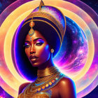 Cosmic-themed digital artwork of a woman with glowing elements and gold jewelry