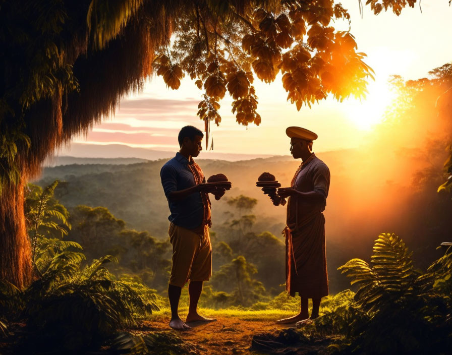 Sunset exchange of items in lush forest with golden light.