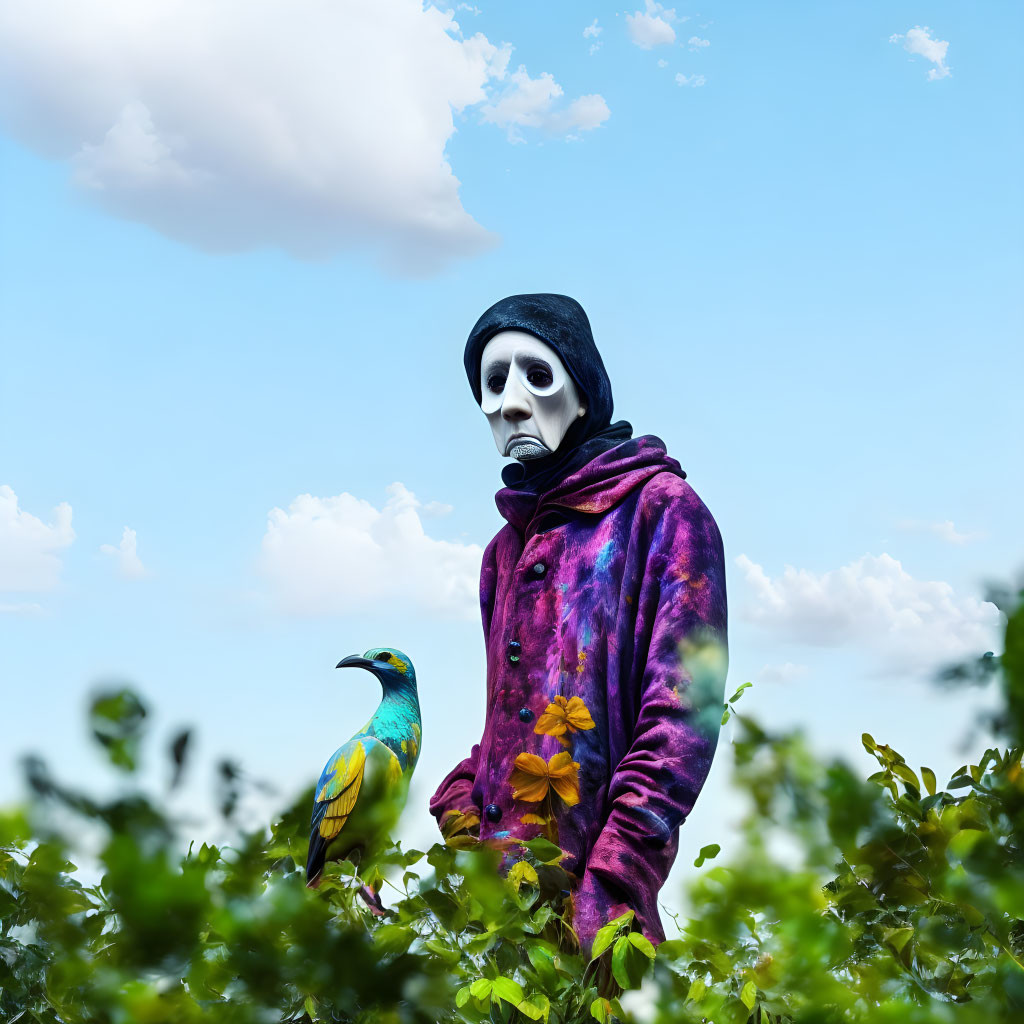 Skull Makeup Person with Colorful Hoodie and Bright Bird under Blue Sky