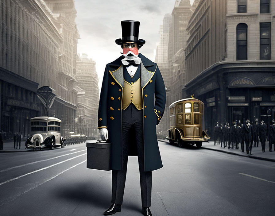 Vintage suit and top hat person with animal face in retro city street scene.