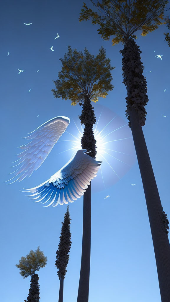 Large glowing angel wings between tall trees under a clear blue sky