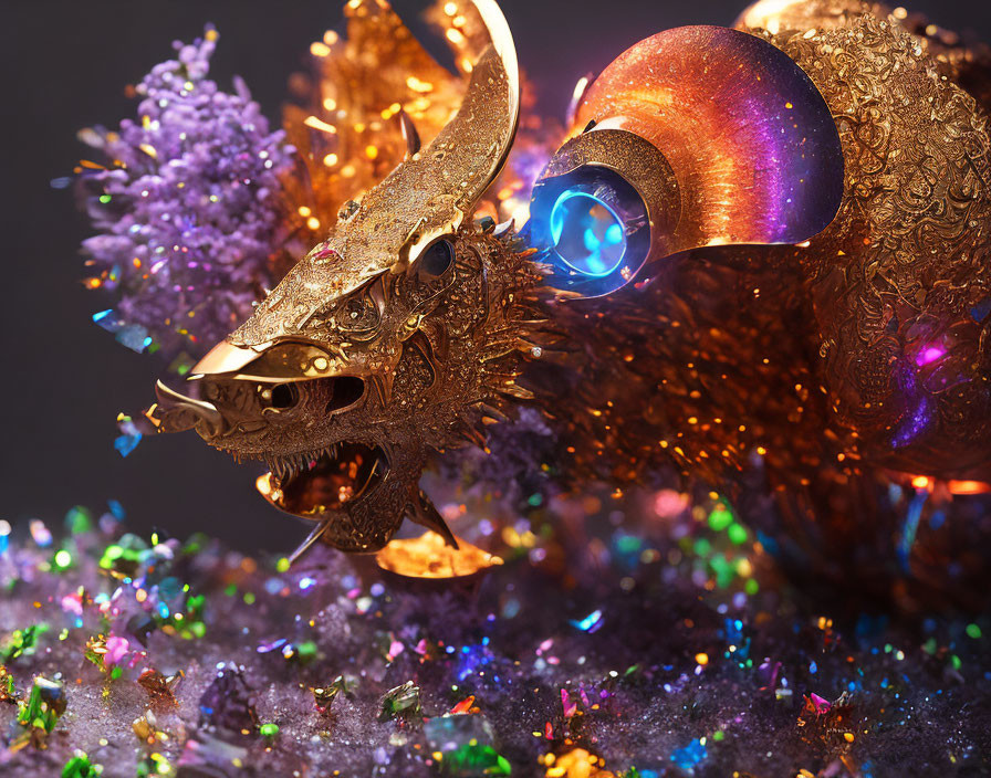 Metallic dragon sculpture with glowing blue eyes in colorful confetti