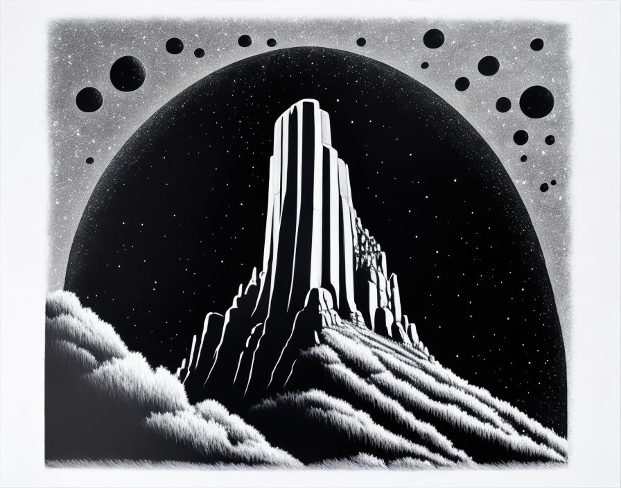 Monochrome mountain under starry sky with moons in triangular frame