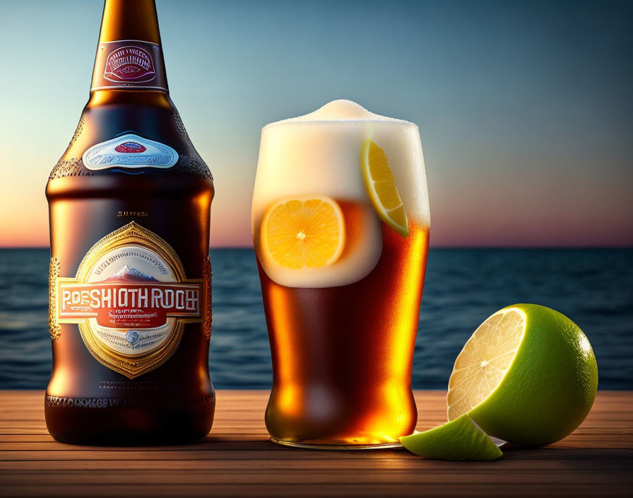 Beer bottle and glass with lemon slice on wooden surface at sunset.