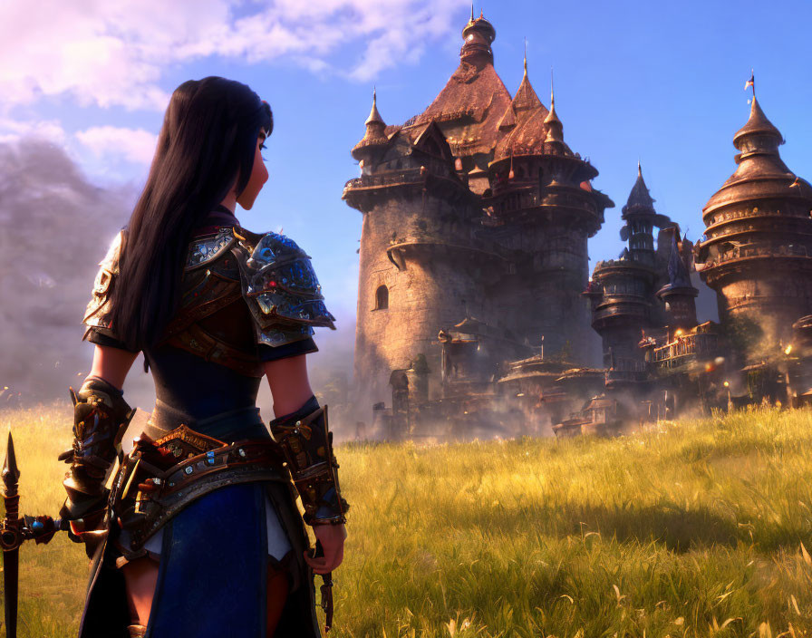 Female warrior in medieval armor gazes at castle in golden field