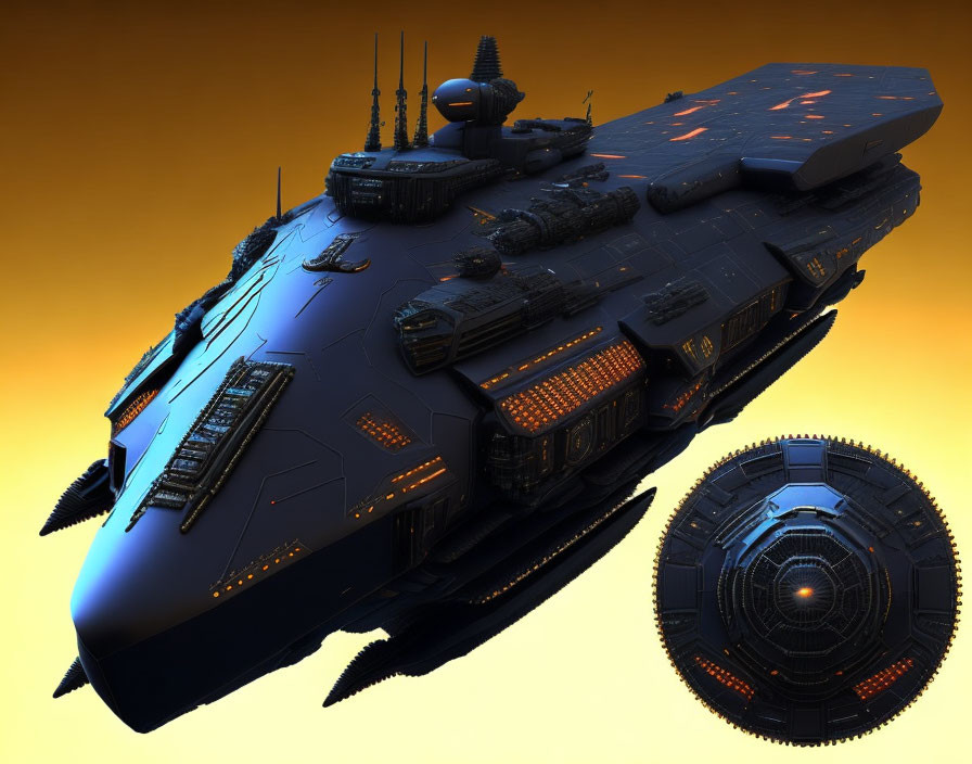 Detailed CGI Model of Futuristic Battleship on Dark Hull with Circular Drone Against Orange Backdrop