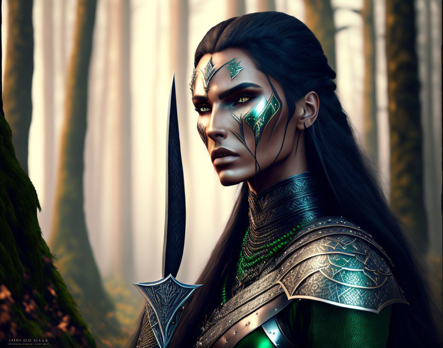 Fantasy elf with green facial tattoos and blade in ornate armor in forest.