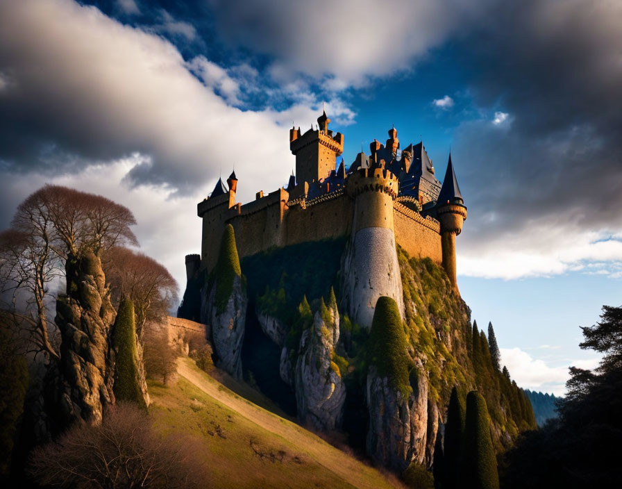 Medieval castle on hilltop surrounded by lush greenery under dramatic sky