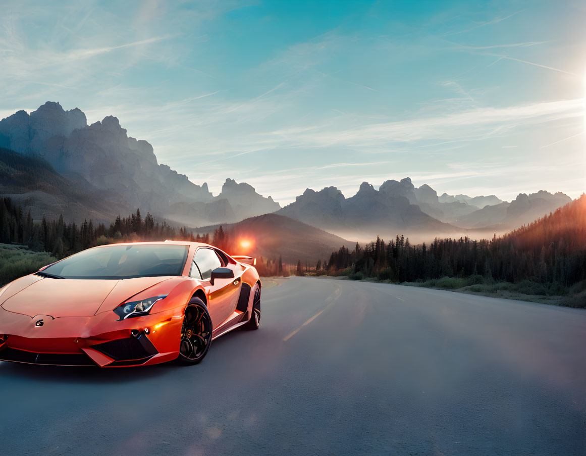 Red Sports Car Parked on Open Road at Dawn with Mountain Backdrop