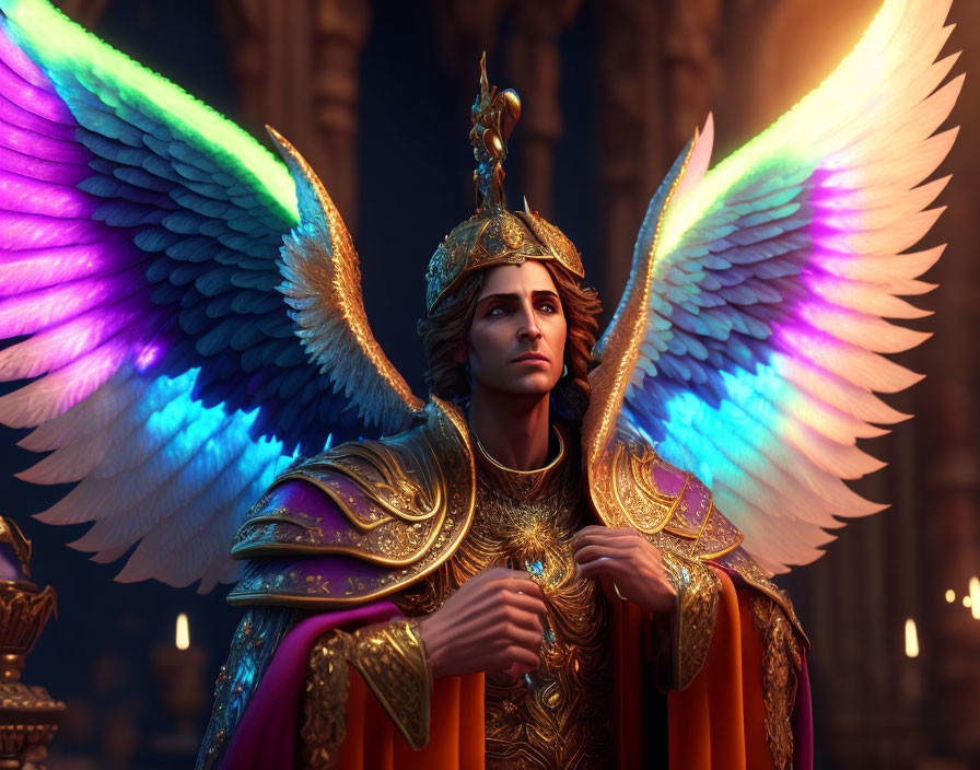 Regal figure with rainbow wings in golden armor and crown