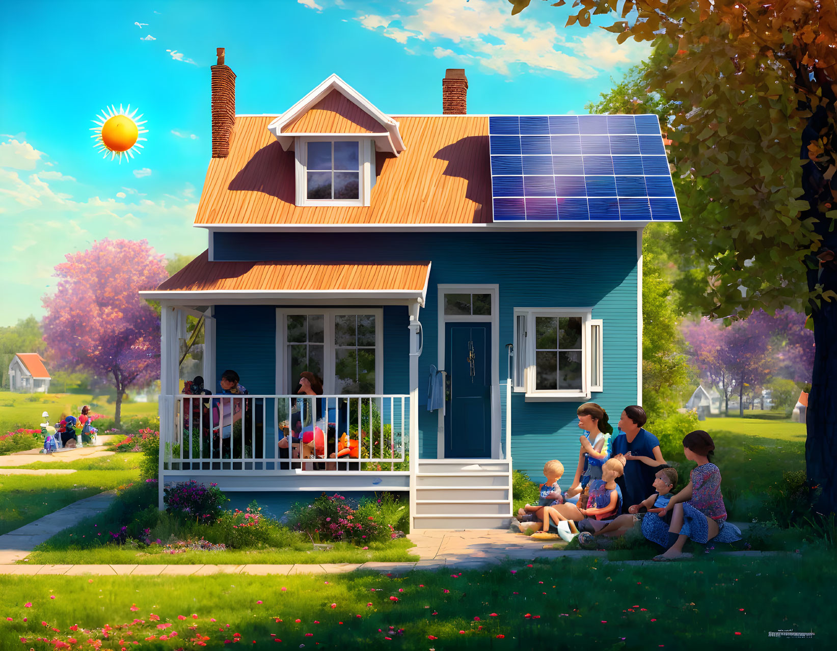 Suburban scene with blue two-story house and solar panels, people enjoying leisure activities outdoors