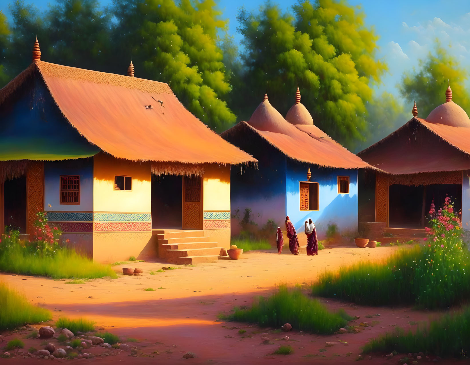 Rural scene with traditional huts, people talking, lush trees, vibrant flora, warm sky