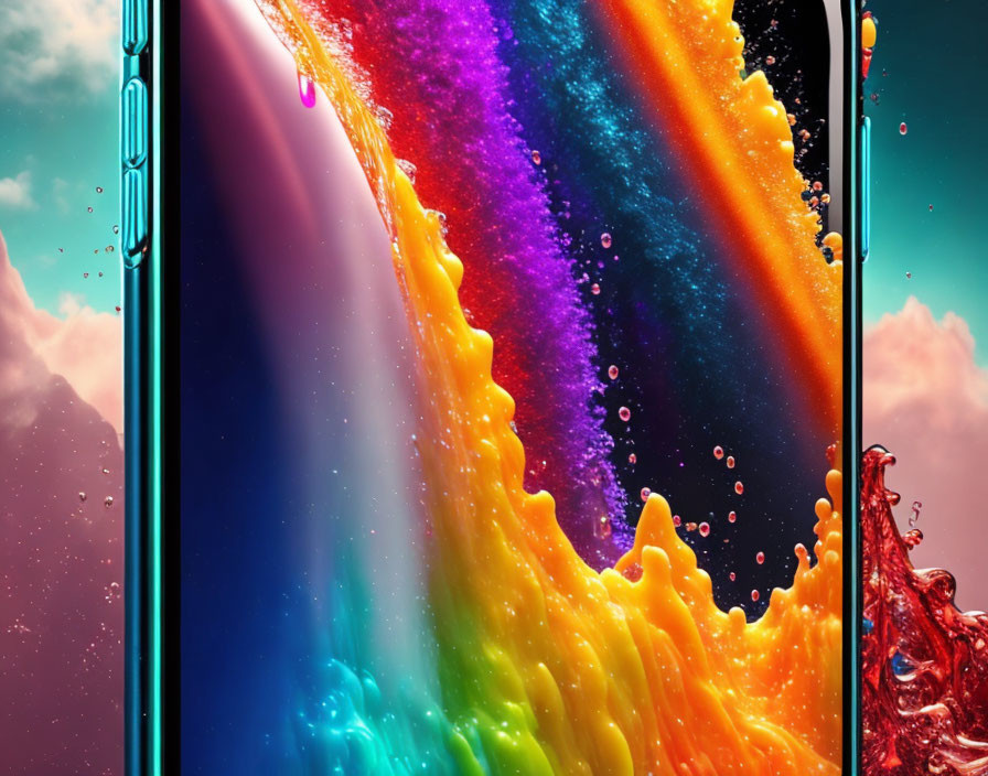 Vibrant rainbow liquid splash on smartphone screen with sky backdrop