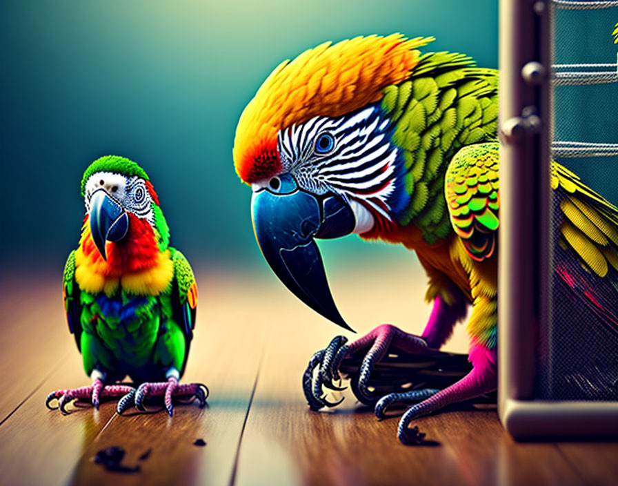 Colorful Parrots Beside Metal Cage on Wood Surface